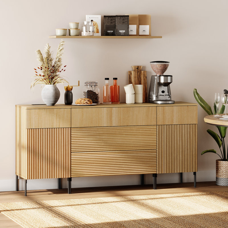 63" Wooden Reeded Sideboard With Built-In Charging Station, 3-In-1 Modern Credenza Storage Cabinet For Kitchen, Dining Room