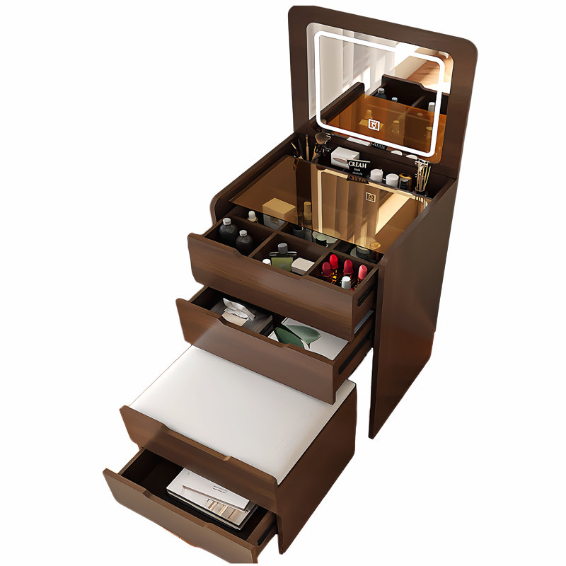 Meuble-lavabo compact 3 en 1 avec miroir rabattable, plateau en verre visible et 3 tiroirs, bureau de coiffeuse pour la chambre à coucher