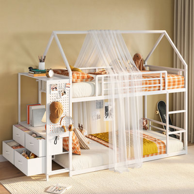  Duo Bunk Bed Twin Over Twin with Drawers,Hall Tree and Guardrail, Space Saving, No Box Spring Needed
