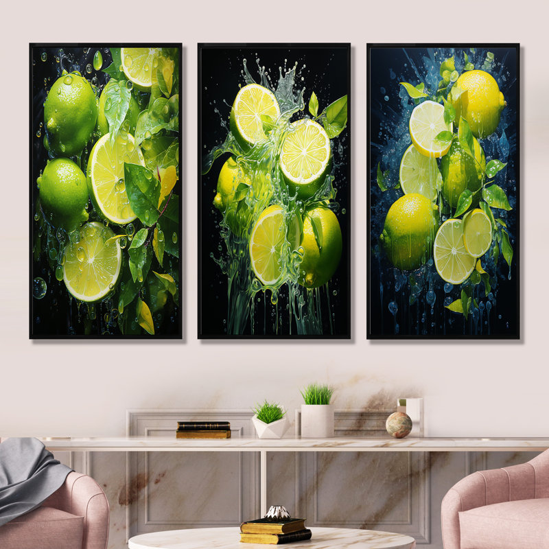 Ensemble de salon mural 4 pièces Lemon Luminosité - fruits, H 28 po x l 36 po, Cadre flottant noir