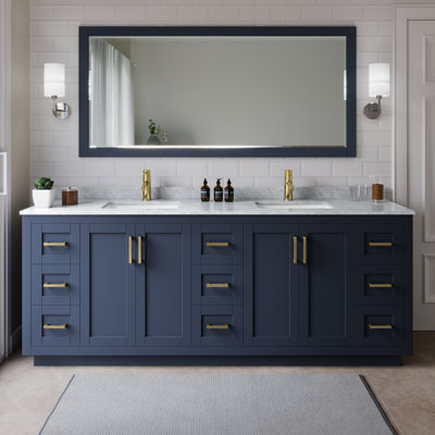Miranda 84" Freestanding Double Bathroom Vanity with Marble Top with 70" Mirror