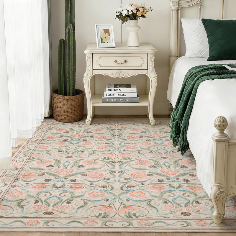 Area Rug, Floral Washable Rugs, Modern Style, Non-Slip Low-Pile Soft Floor Carpet for Bedroom, Living Room, Dining Room