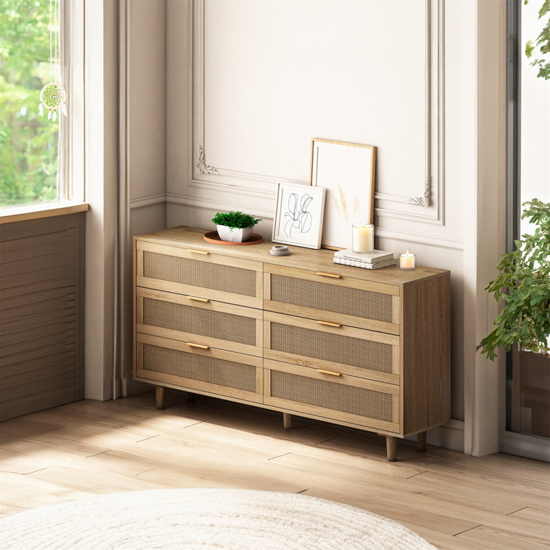 Natural Oak and Rattan 6-Drawer Storage Cabinet