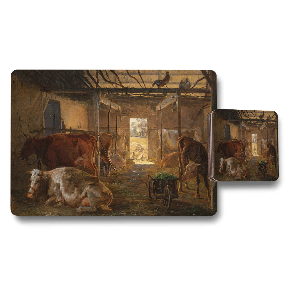 Farmhouse Cow Painting Placemats And Coasters Set Barn Scene
