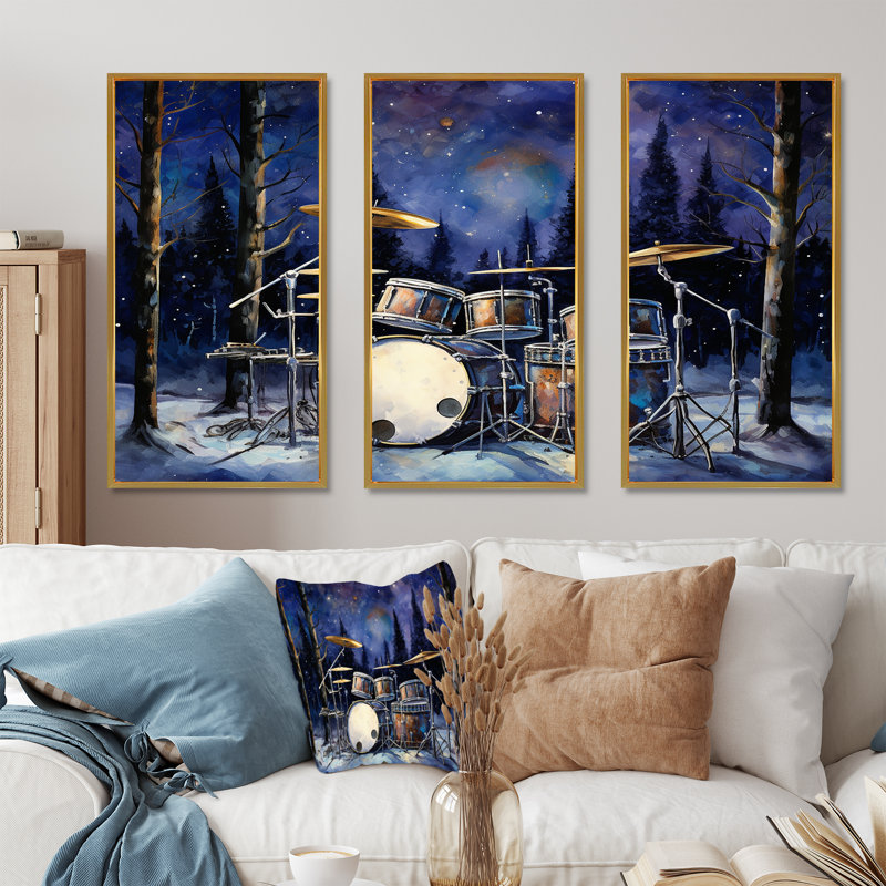 Music Drums In Winter I - Ensemble de salon de musique Wall Art, Cadre flottant doré, H 32 po x l 48 po x P 1 po