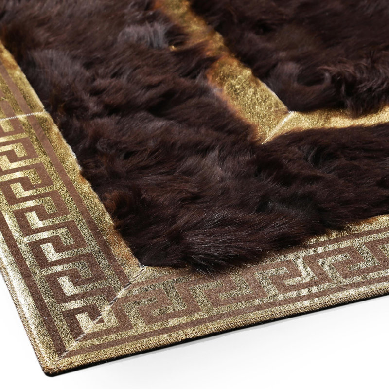 Tapis brun et doré fait à la main en cuir Tuscan, Rectangle 3 pi x 3 pi 4 po