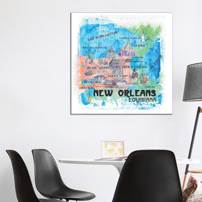 New Orleans Louisiana USA Illustrated Map by Markus & Martina Bleichner - Painting on Canvas