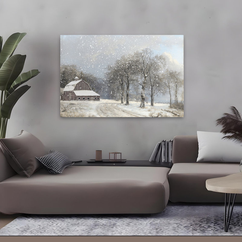 The Gray Of Winter - Contemporary Snowy Barn Winter Scene Snow Falling Art, H 48 po x l 32 po