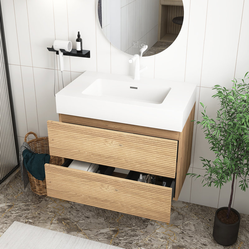 Meuble-lavabo moderne en chêne brut de 30 po avec lavabo en quartz d'ingénierie blanc brillant et tiroirs doux, meuble-lavabo mural flottant