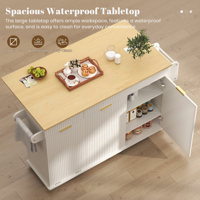 Chariot pour îlot de cuisine de 51 po avec abattant, îlot de cuisine sur roulettes avec rangement pour poubelle, armoires et tiroirs, support à épices, table d'îlot de cuisine portable avec rangement pour cuisine moderne, blanc