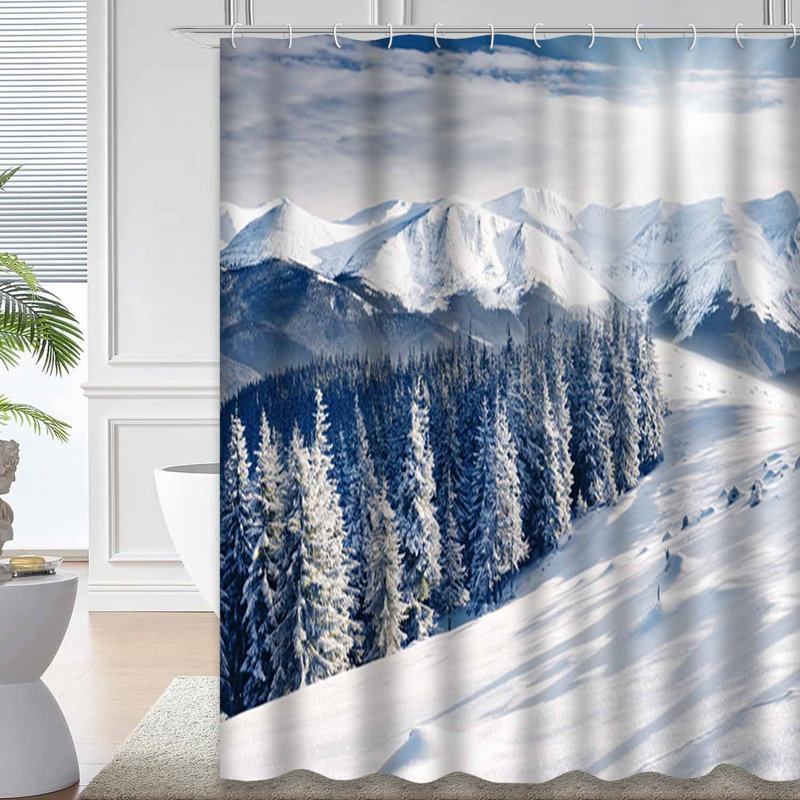 Beautiful Winter Snow Trees Mountain Nature Shower Curtain with 12 Hooks, 72" L x 78" W