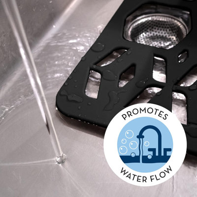 Kitchen Sink Mat, Cut to Fit Drain Hole, Raised Design for Water Flow, Black, 12.8 Inches x 11.3 Inches