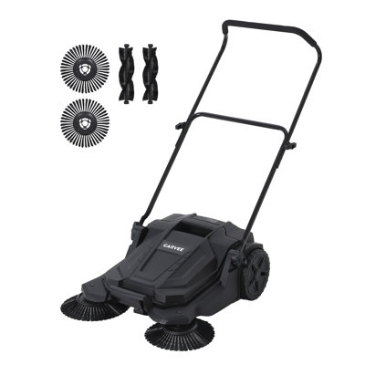 Balayeuse à pied avec balai manuel 25,6 po avec bac de 5 gallons, balai à poignée pliante non électrique pour garage, atelier et patio, noir