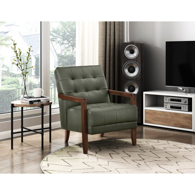 Fauteuil d'appoint en cuir avec rembourrage haut et accoudoirs en bois de noyer