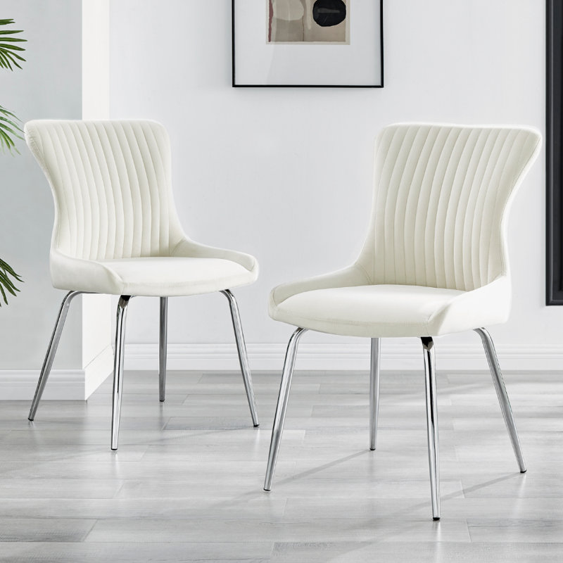Illman Luxury Velvet Upholstered Dining Chair - Elegant Modern Deco Style, Cream, Silver