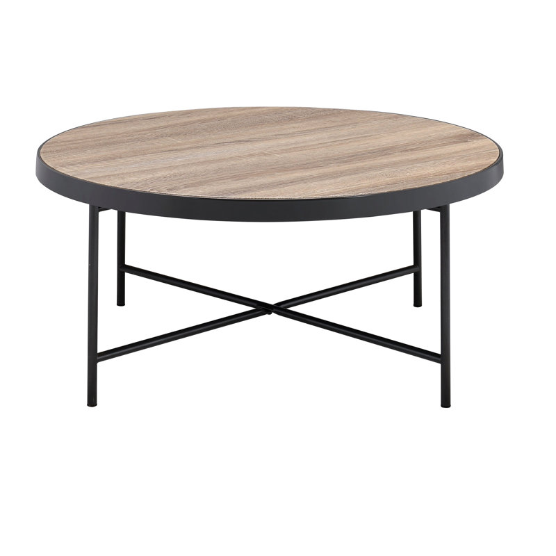 Table basse ronde de style industriel avec plateau en chêne gris patiné et pieds en métal foncé, l 32 po x P 32 po x H 16 po, idéale pour décorer l'espace de vie