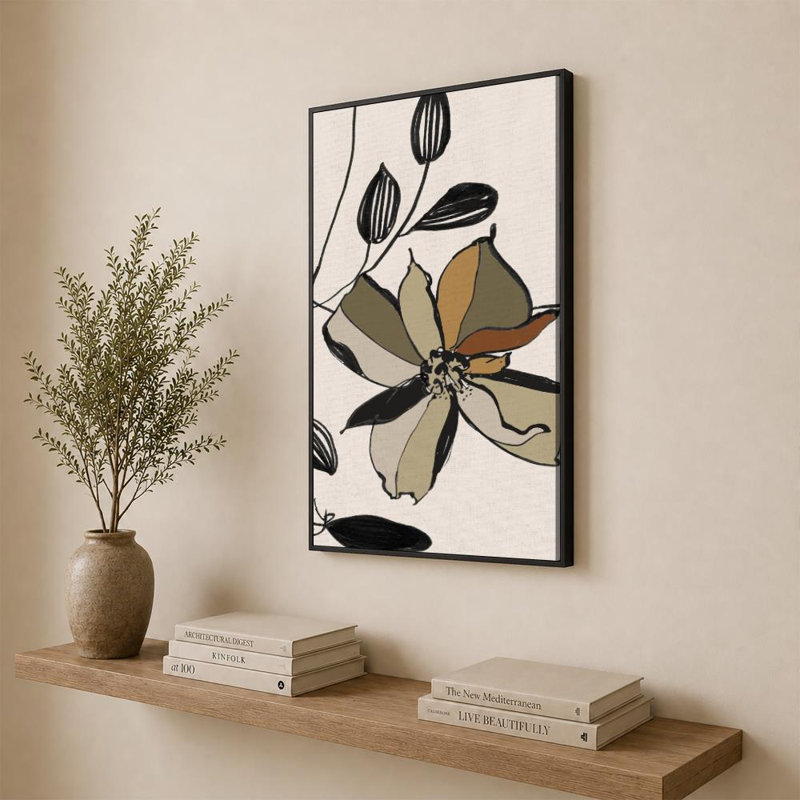 «Gestural Bloom II» par Sally Swatland, impression sur toile, H 36 po x l 24 po, Cadre plat flottant, Noir