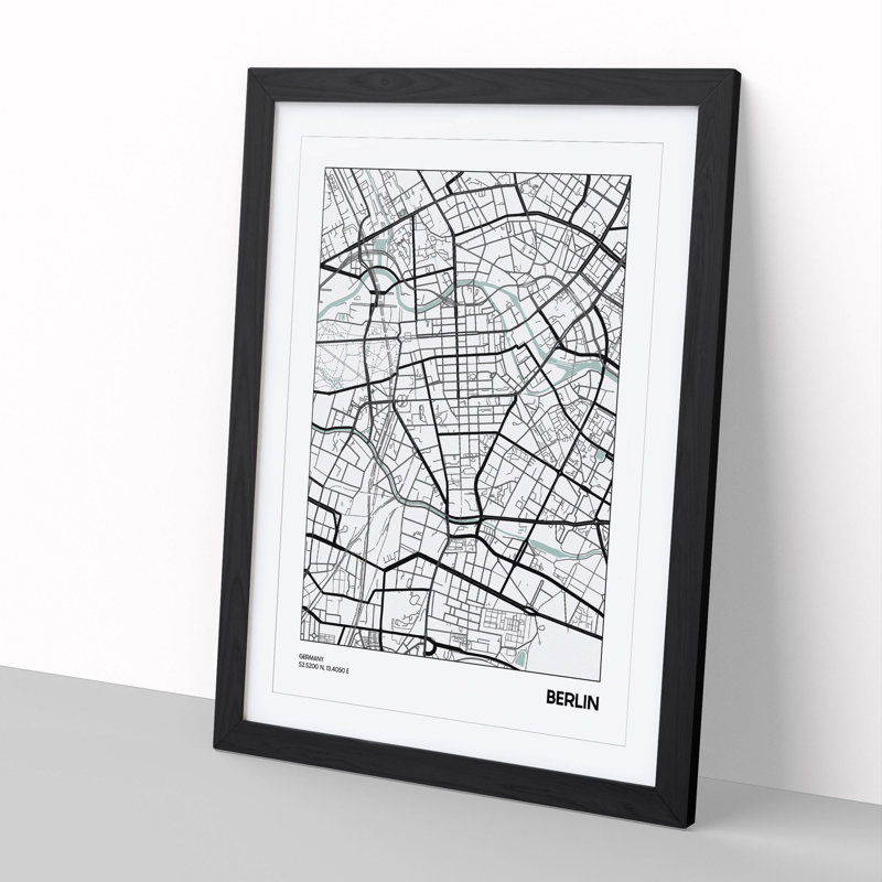 Map Berlin Germany - Picture Frame Graphic Art, 36cm H x 27cm W x 2cm D, Black Framed