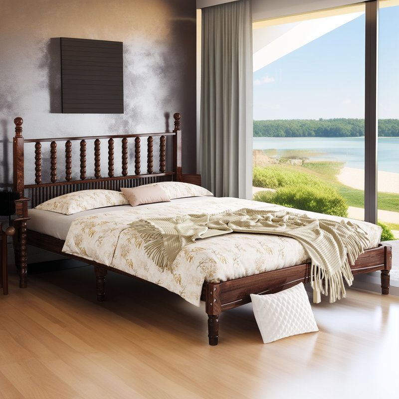 Grand lit plateforme en bois avec tête de lit en forme de gourde, capacité de 500 lb