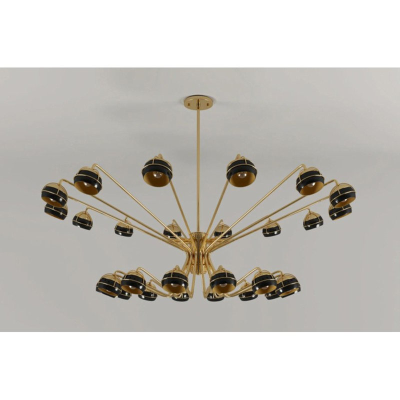 Lustre suspendu 14 lumières à intensité variable, Laiton, Blanc cassé, 82" Diameter x 27" Height
