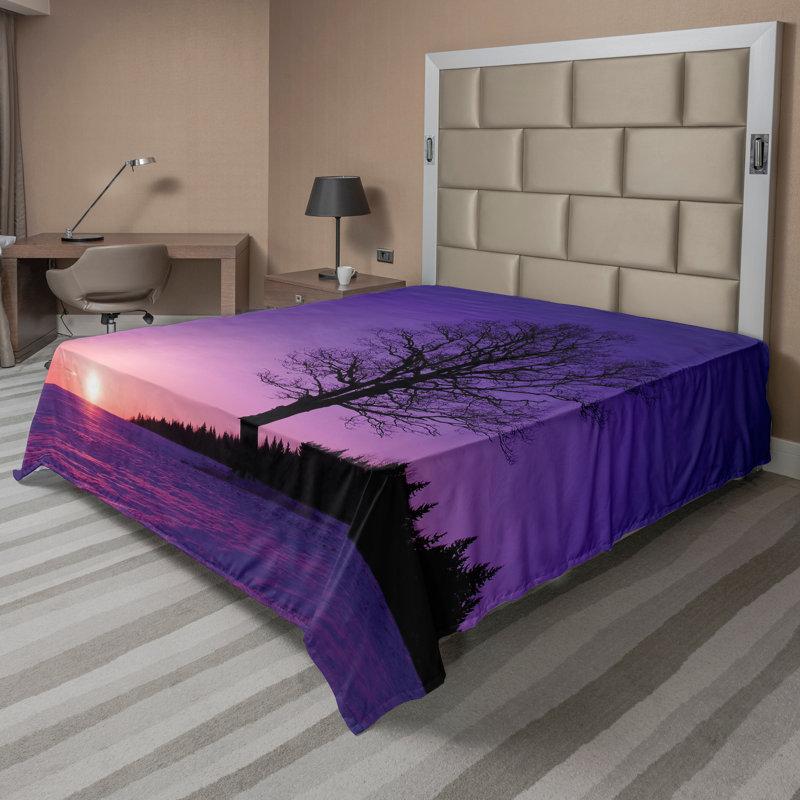 Ambesonne Tree Top Flat Sheet Sunset Nature Landscape King Purple Black