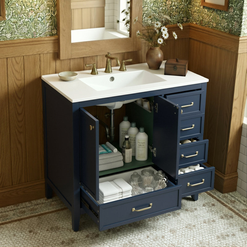 Meuble-lavabo simple sur pied 36 po avec lavabo en céramique, armoire à porte à fermeture douce et 4 tiroirs, Bleu