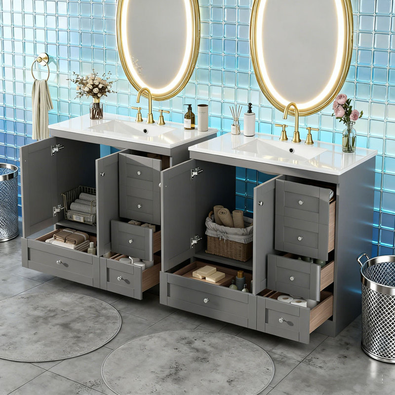 Meuble-lavabo sur pied 72 po avec lavabo en céramique, Gris