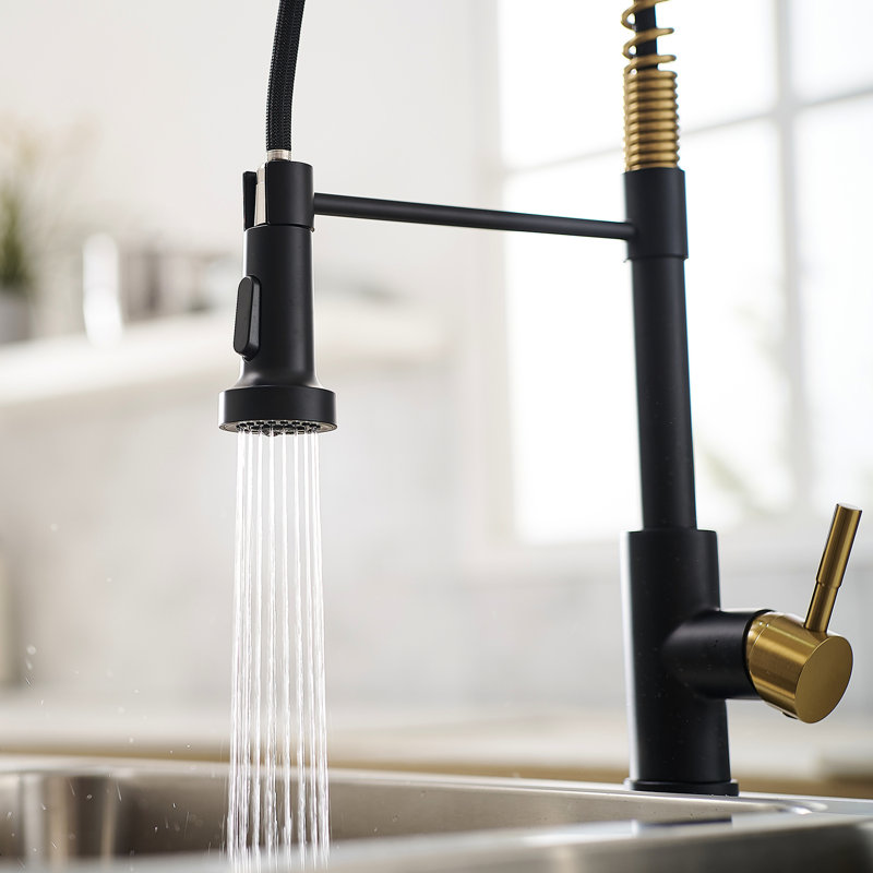 Robinet de cuisine noir et doré avec surface rétractable, ajustement précis de la température de l'eau en laiton beige, contrôle facile