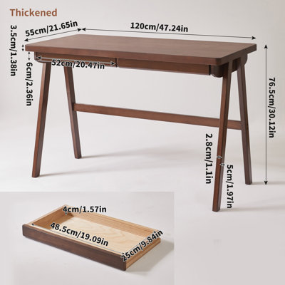 Bureau d'ordinateur 100 % bois d'hévéa massif, bureau rétro en noyer avec tiroir et piètement robuste en forme de A.