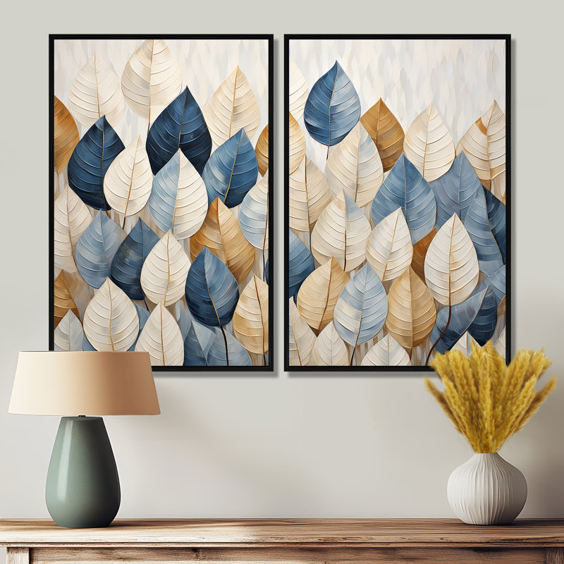 Décoration murale beige et bleu minimalisme feuilles I - grandes feuilles, H 36 po x l 48 po, Noir