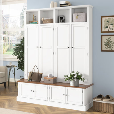 Arbre d'entrée de campagne VIBE HAUS de 76,7 po avec banc et armoire, banc d'entrée 4 en 1 avec portemanteau, organisateur de rangement de vestibule moderne avec casiers ouverts et crochets pour le couloir, le vestibule et le salon