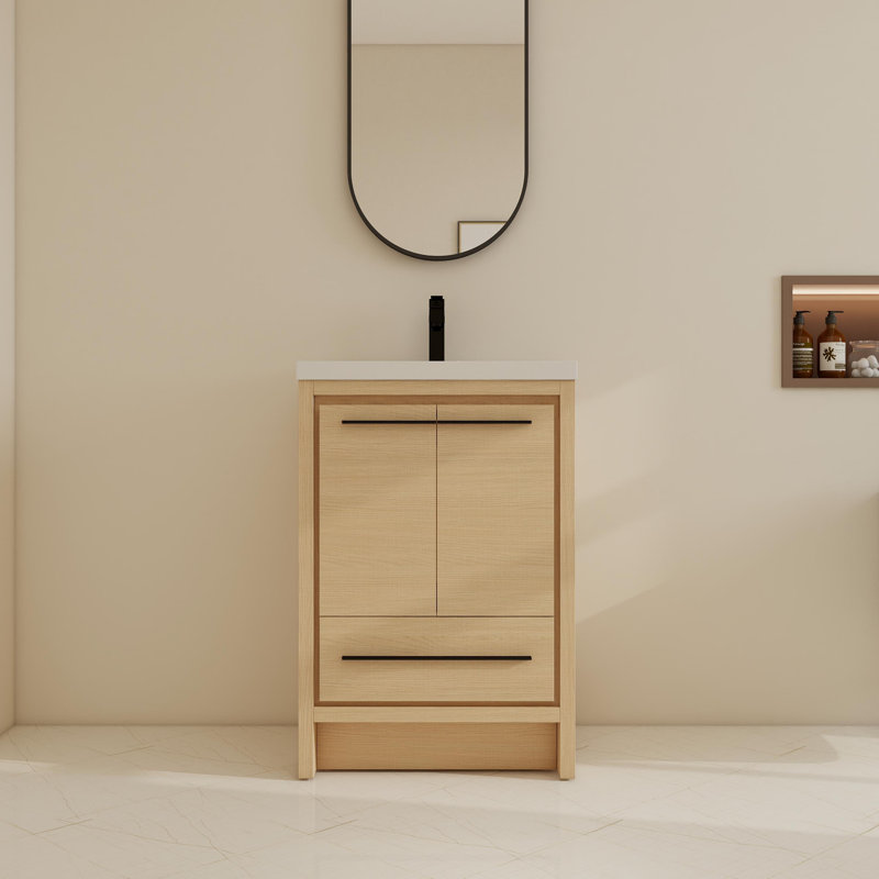 Ensemble de meuble-lavabo simple autoportant 24 po avec lavabo en résine, meuble-lavabo sur pied avec 2 portes et 1 tiroir