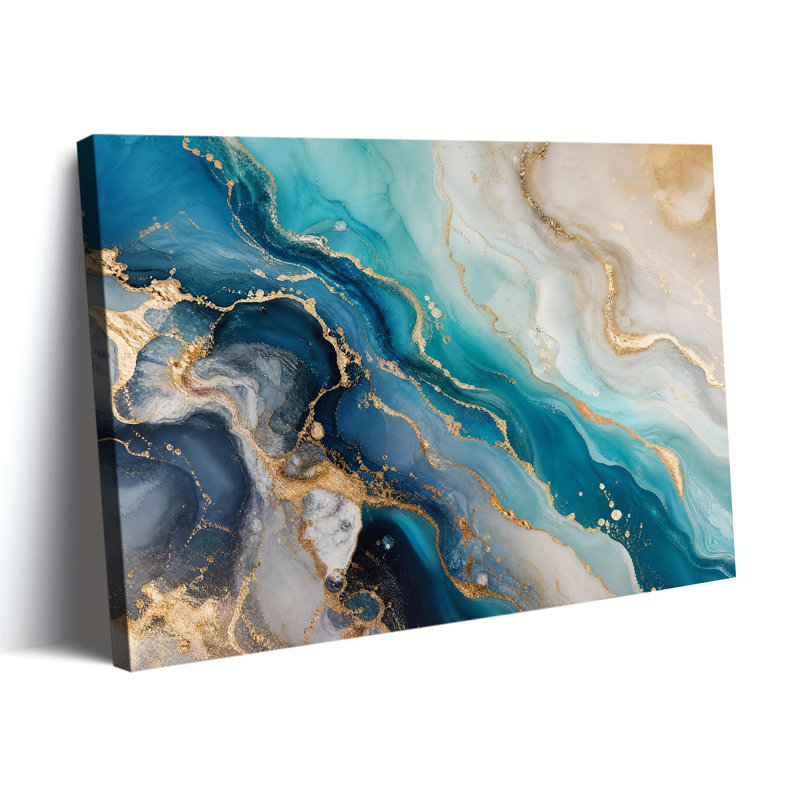 Reproduction d'art sur toile avec impression à l'encre turquoise et bleu foncé et feuille d'or, 20 x 30 po