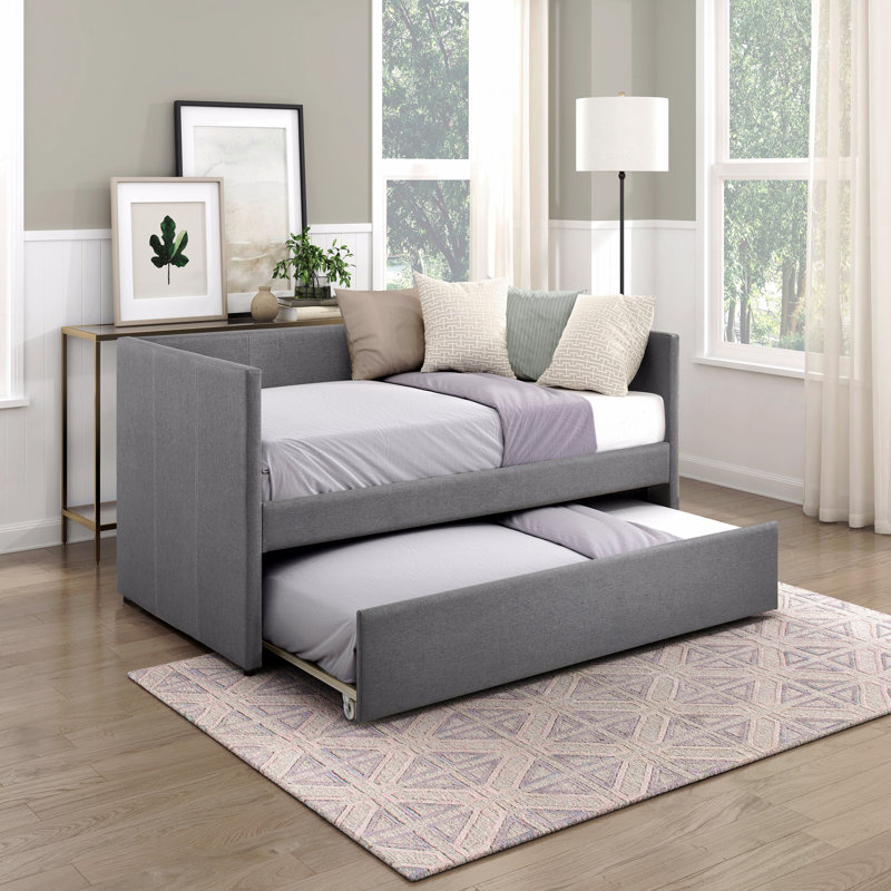 1Pc Trundle Daybed Fabric Upholstery Wooden Frame Modern Home Furniture, Dark Gray