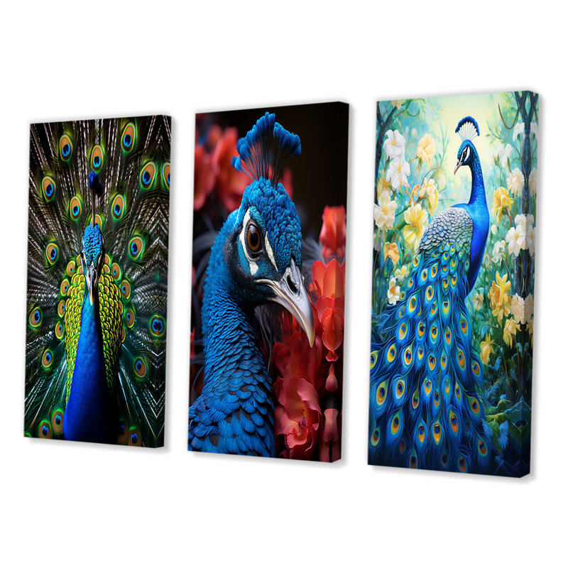«Teal Radiant Peacock», 3 pièces sur toile, Toile tendue, H 32 po x l 48 po