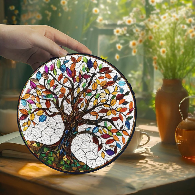 Vitrail arbre de vie vitrail pour fenêtre, 6,3 x 6,3 po (16 x 16 cm)
