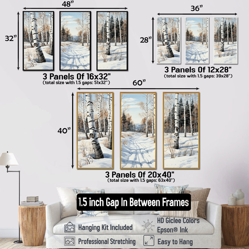 «Winter Birch Wood Forest II - Tree Birch», art mural, H 28 po x l 36 po x P 1 po, Cadre flottant noir