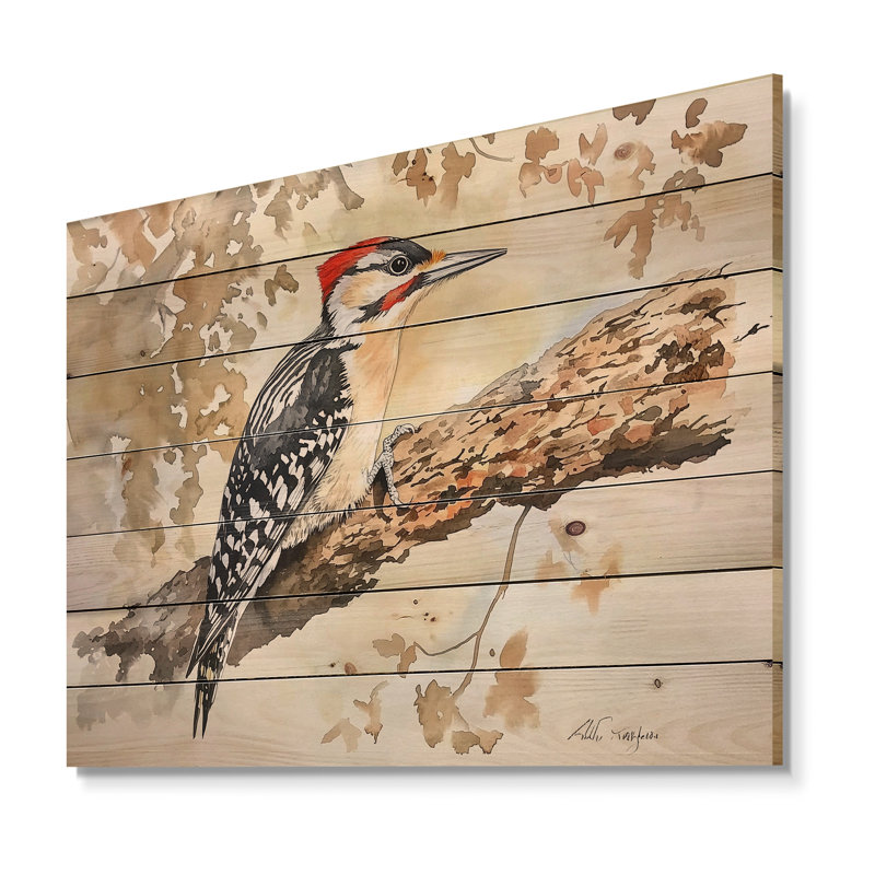 Pic sur arbre III - Art mural en bois sur bois de pin naturel, H 34 po x l 44 po