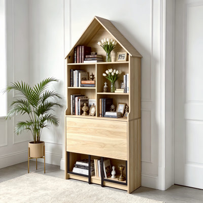 Folding Craft Desk with Storage Shelves, Convertible Hideaway Desk to Bookshelf, Foldable Desk with Storage, Disappearing Desk 31.5*11.42*73.22 inch MDF 1 Piece Craft Table Natural Wood Convertible Craft Table
