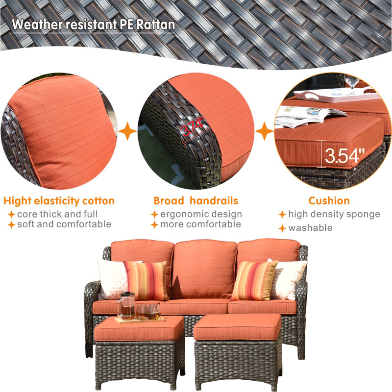 Ensemble de conversation avec canapé en rotin 3 pièces Gretna, Cadre brun / coussin rouge-orange