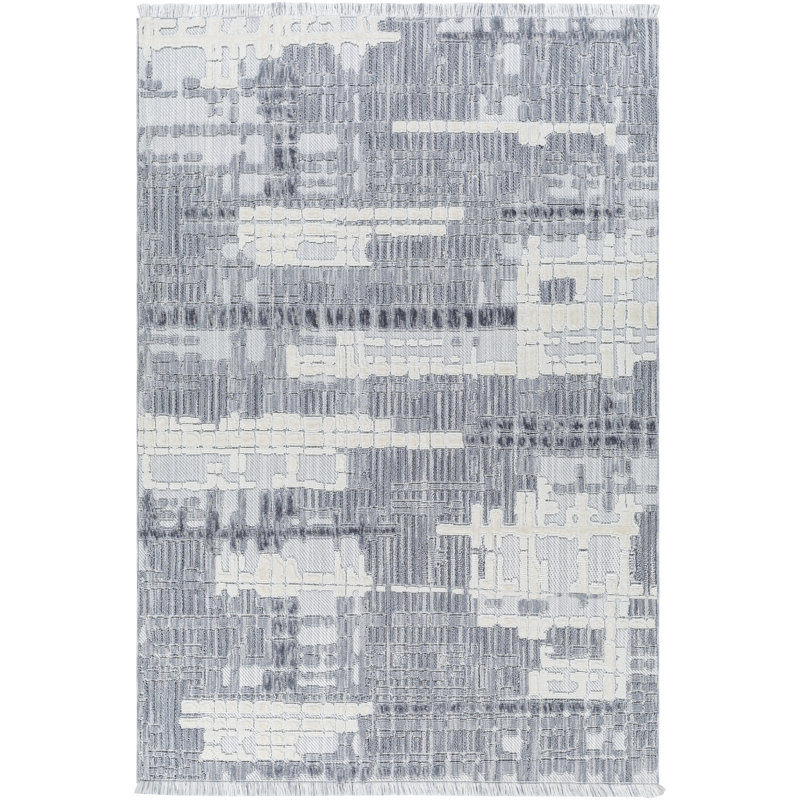 Tapis abstrait en polyester tissé à la machine en ardoise / ivoire, Rectangle 9 pi 2 po x 12 pi