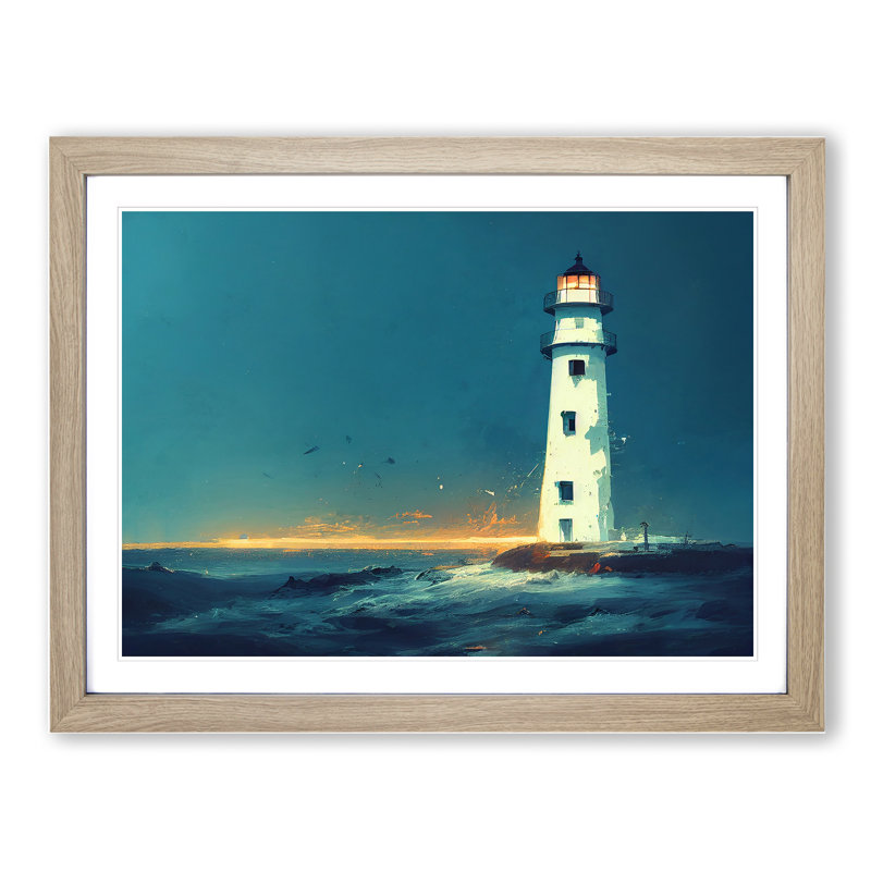 Thrilling Lighthouse Sunrise 1 Piece Single Picture Frame Painting, 46cm H x 64cm W x 2cm D, Oak Framed