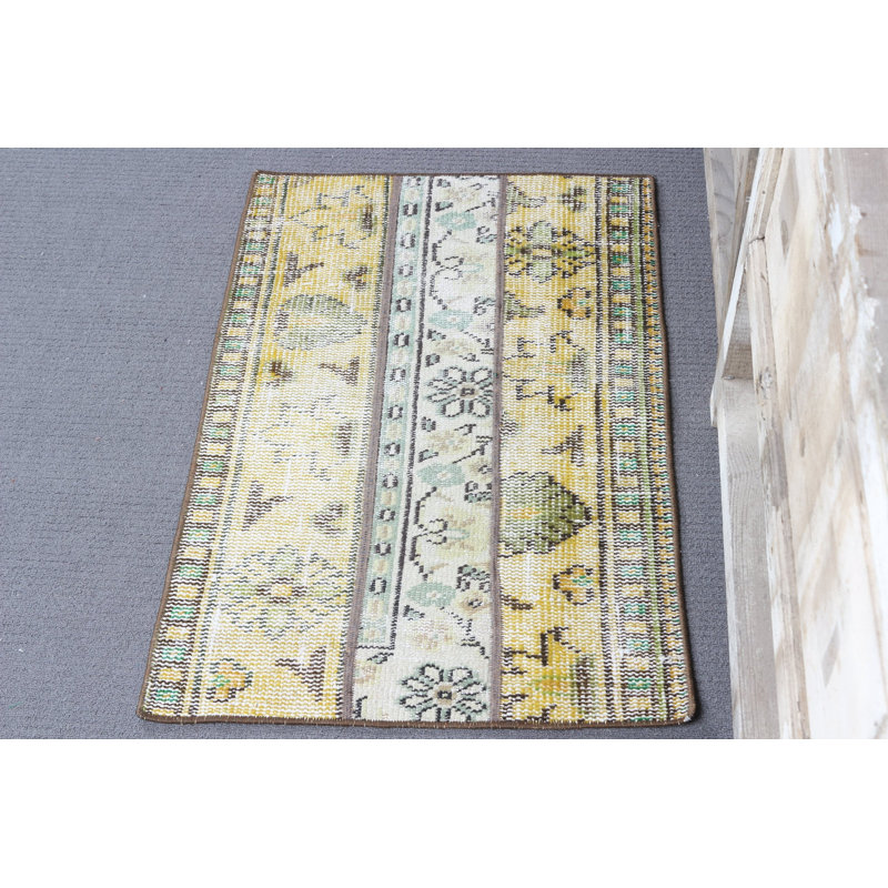 Delicate Turkish Patchwork Rug in Soft Yellow for Indoor and Outdoor Use Ideal for Farmhouse Style and Tribal Abstract Home Decor