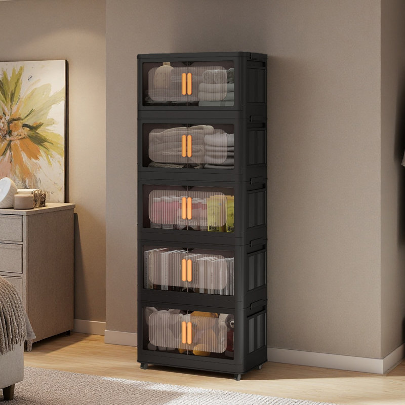 24" Side Wide Folding Storage Cabinet ,Collapsible Storage Bins With Magnetic Door, Plastic Storage Cabinet With Wheels