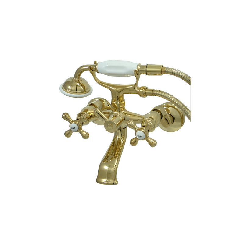 Kingston Brass Kingston Two-Handle 2-Hole Wall Mount Clawfoot Tub Faucet with Hand Shower, Polished Brass