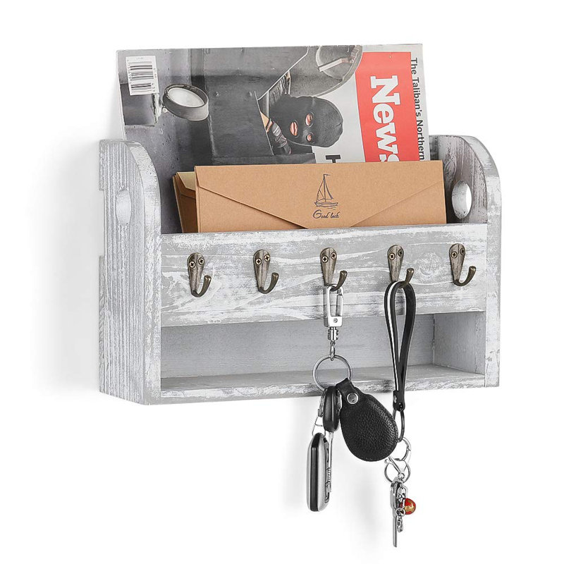 Porte-clés mural avec porte-clés et rangement pour courrier Bibb, Gris rustique