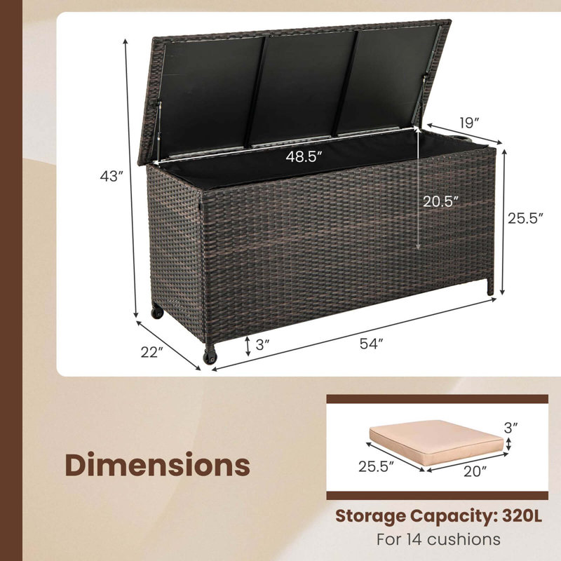 Costway 85 Gallon Rattan Deck Box With Waterproof Liner Universal Wheels & Gas Strut, Brown