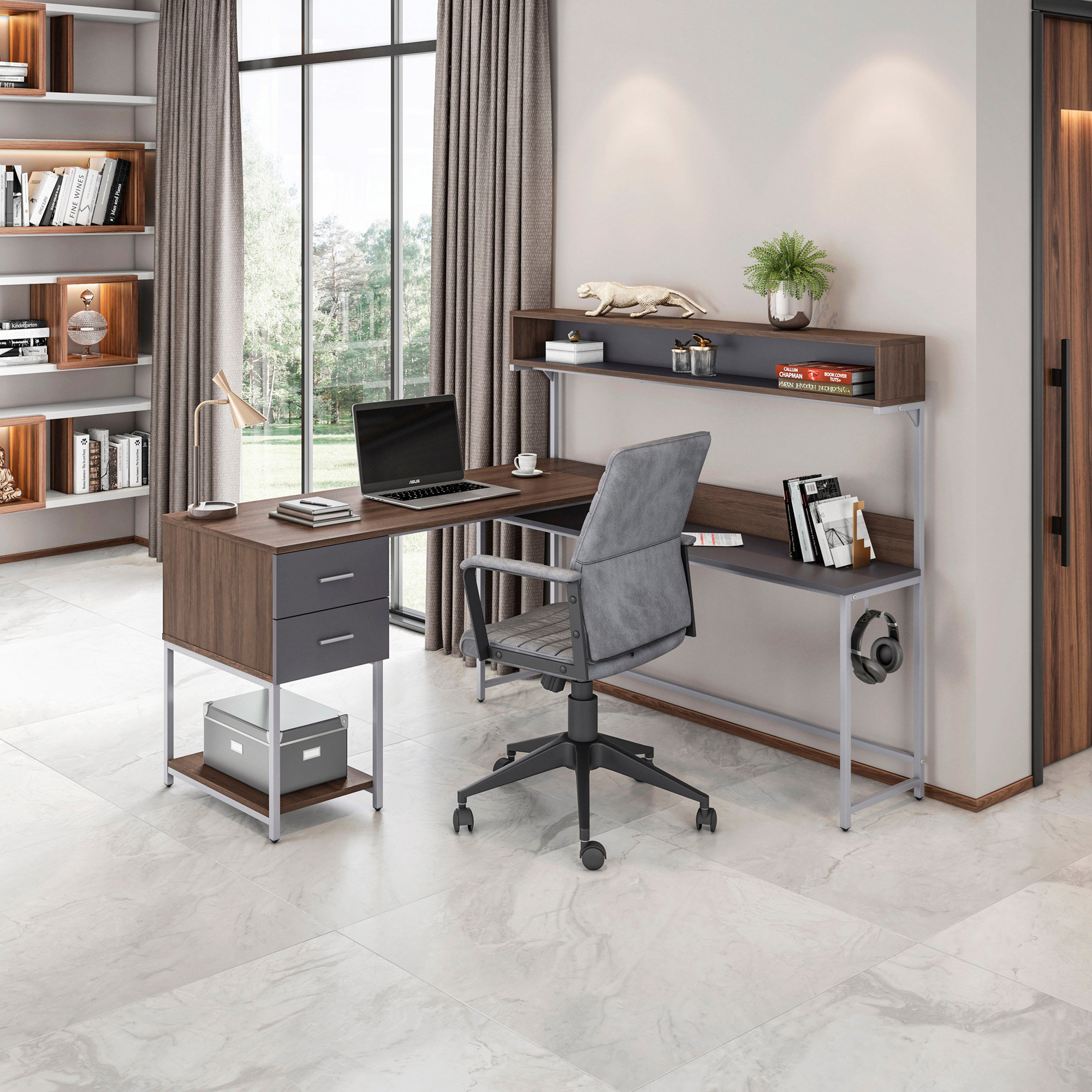 17 Stories L-Shape Desk with Hutch and Storage, Walnut - Wayfair Canada