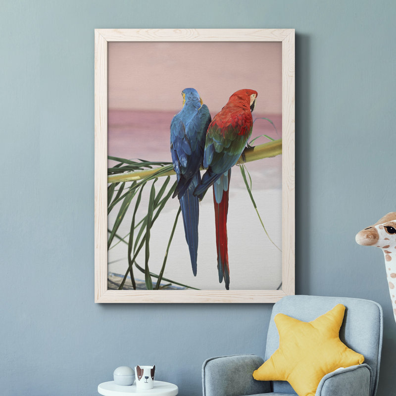 Palm Parrots - Peinture sur toile encadrée, Cadre blanc, H 31,5 po x l 23,5 po x P 1,5 po