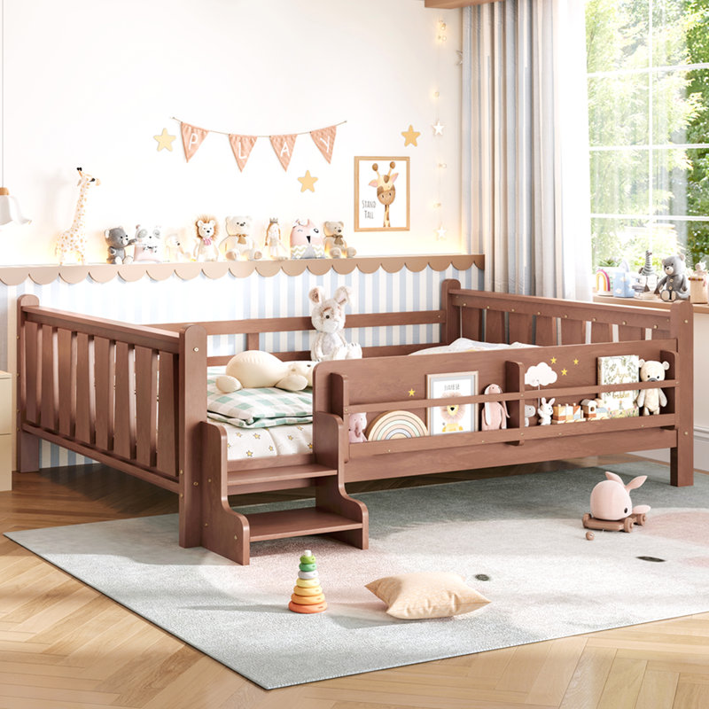 Lit grand format avec bibliothèques de rangement, lit pour enfants en bois massif avec de jolis escaliers et garde-corps, aucun sommier nécessaire, naturel